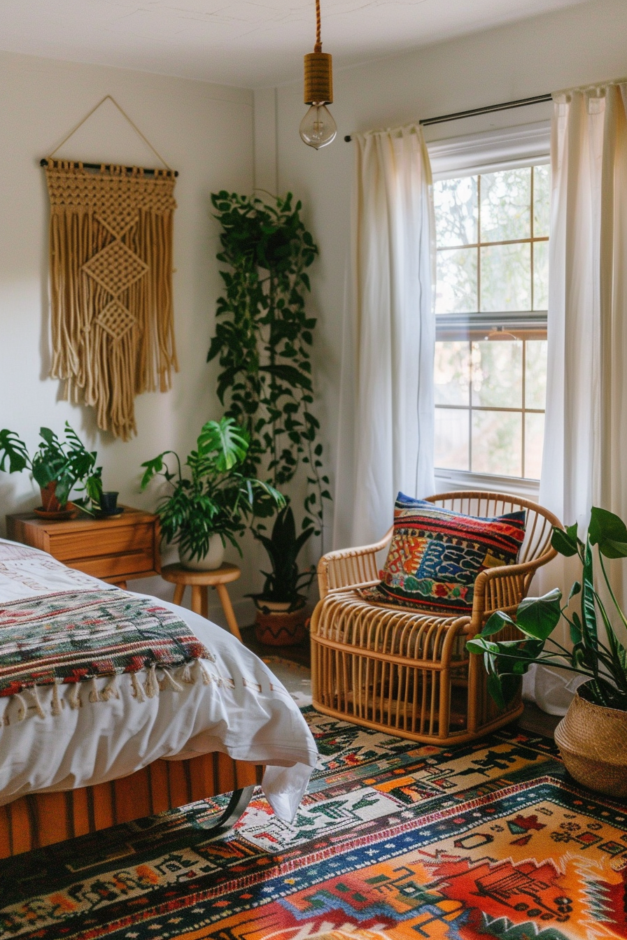 Cozy bedroom with a colorful rug, wicker chair with a cushion, potted plants, and a hanging macrame wall art.