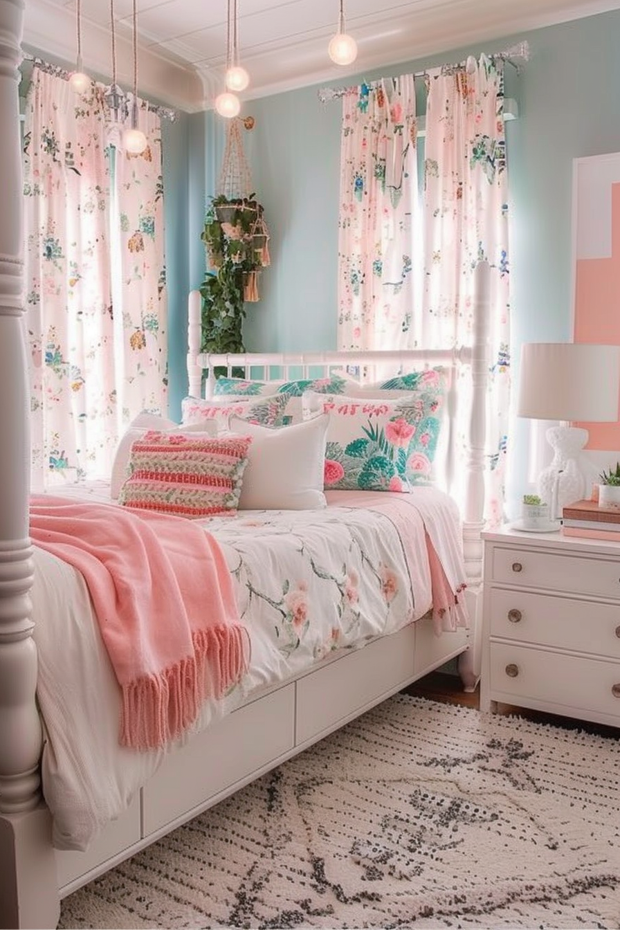 A cozy bedroom with pastel pink and blue decor, floral curtains, hanging lights, and a white bed with patterned bedding.