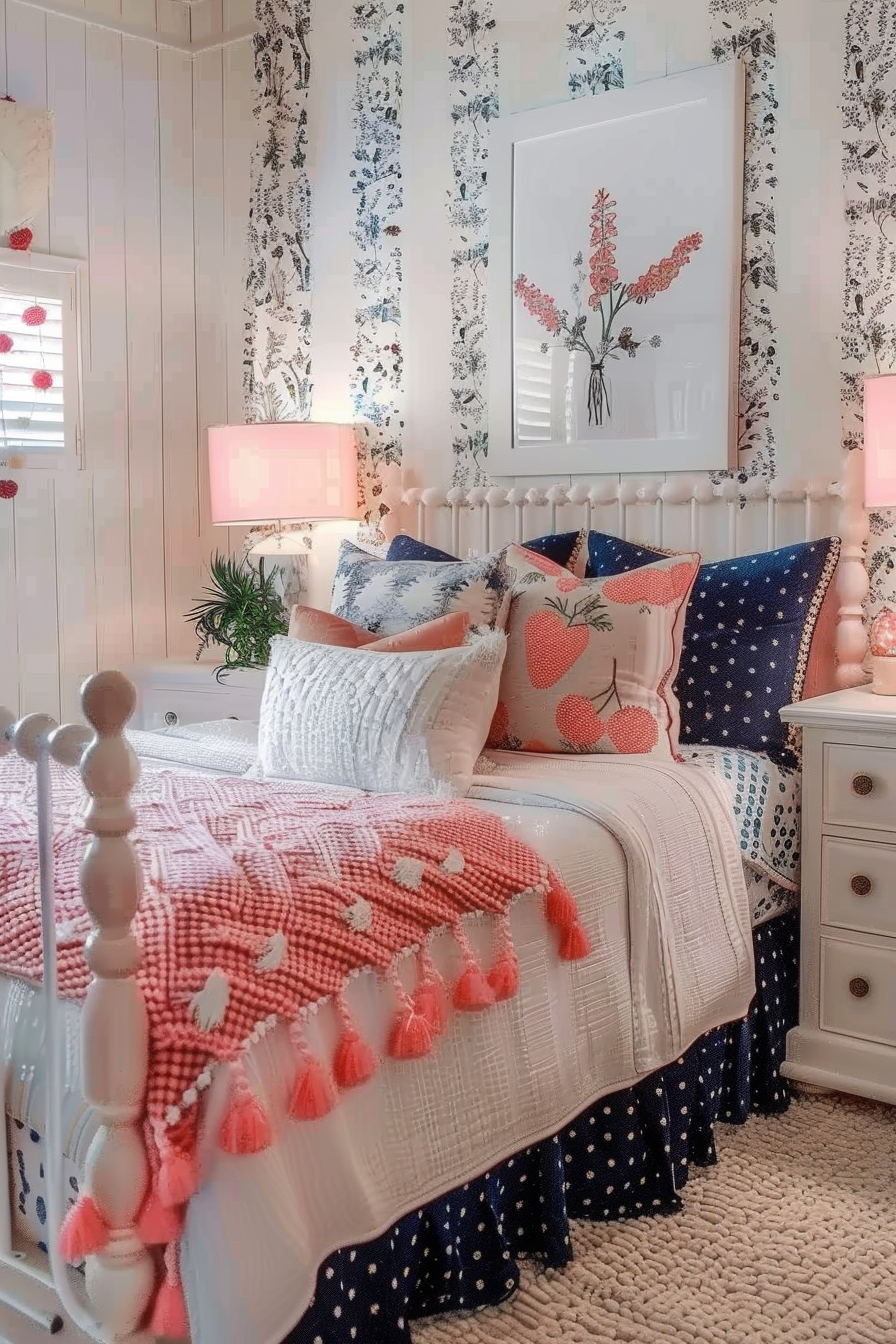 Cozy bedroom with floral wallpaper, white beadboard, coral and blue accent pillows, white framed floral art, and pink-toned lighting.