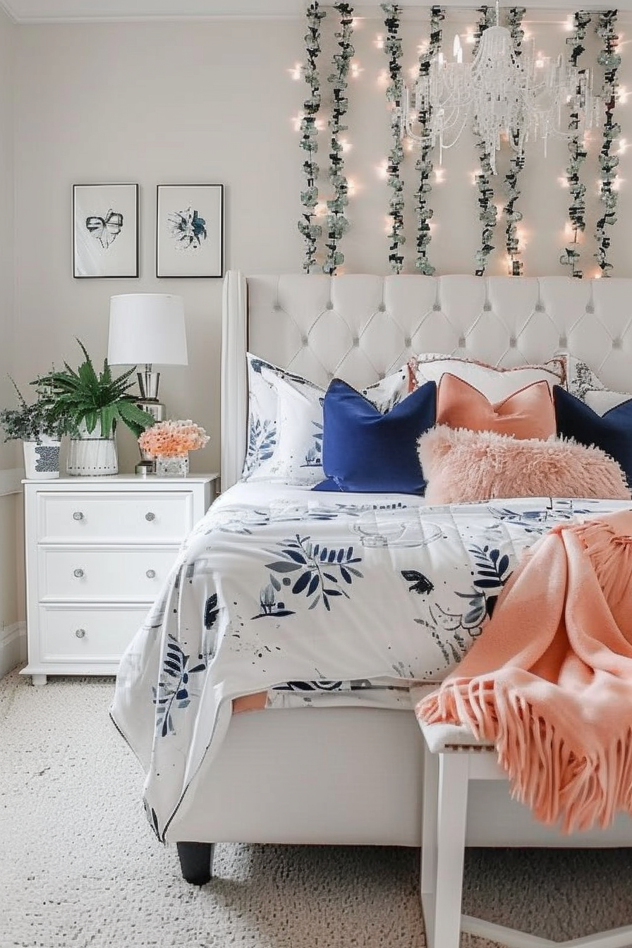Cozy bedroom with white tufted headboard, blue and peach accent pillows, floral bedding, and hanging greenery with twinkle lights.