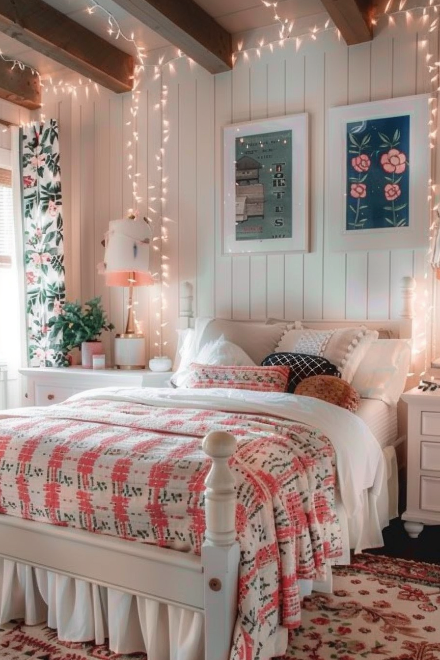 ALT: Cozy bedroom with white walls adorned with string lights and floral art, a white bed with a patterned comforter, and a pink table lamp.