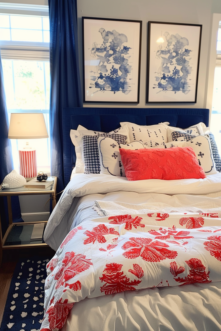 A neatly made bed with red and white bedding, a blue headboard, matching curtains, with art on the wall, in a bright room.