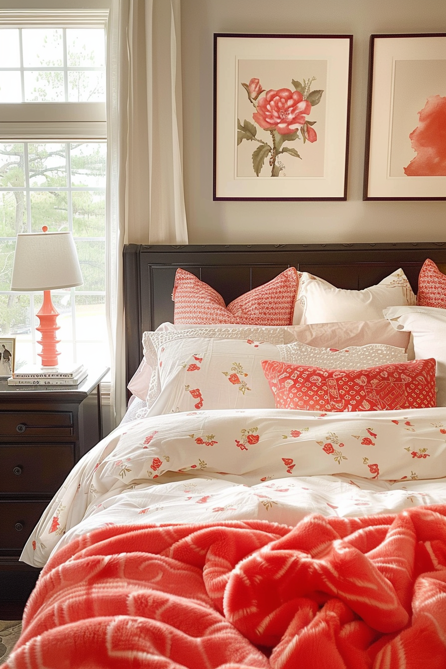 Cozy bedroom with patterned red and white bedding, floral artwork on the wall, and a view outside the window.