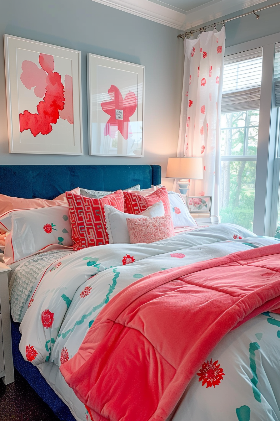 Brightly colored bedroom with a blue velvet headboard, pink and red floral bedding, and matching artwork on the wall.