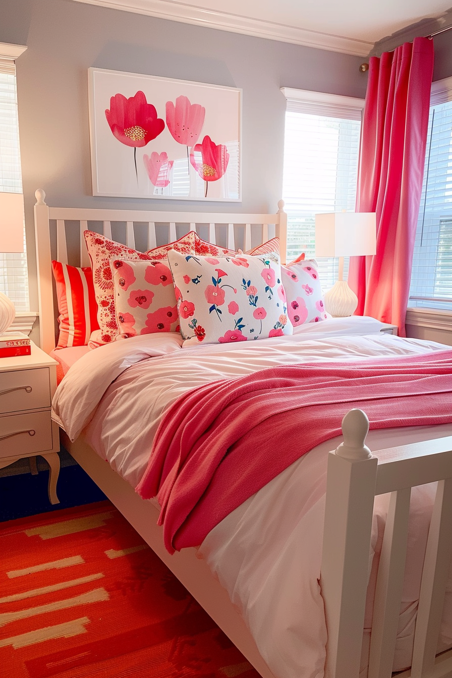 Cozy bedroom with white bed frame, pink bedding, floral pillows, and a flower painting above the bed, with red curtains and an orange rug.