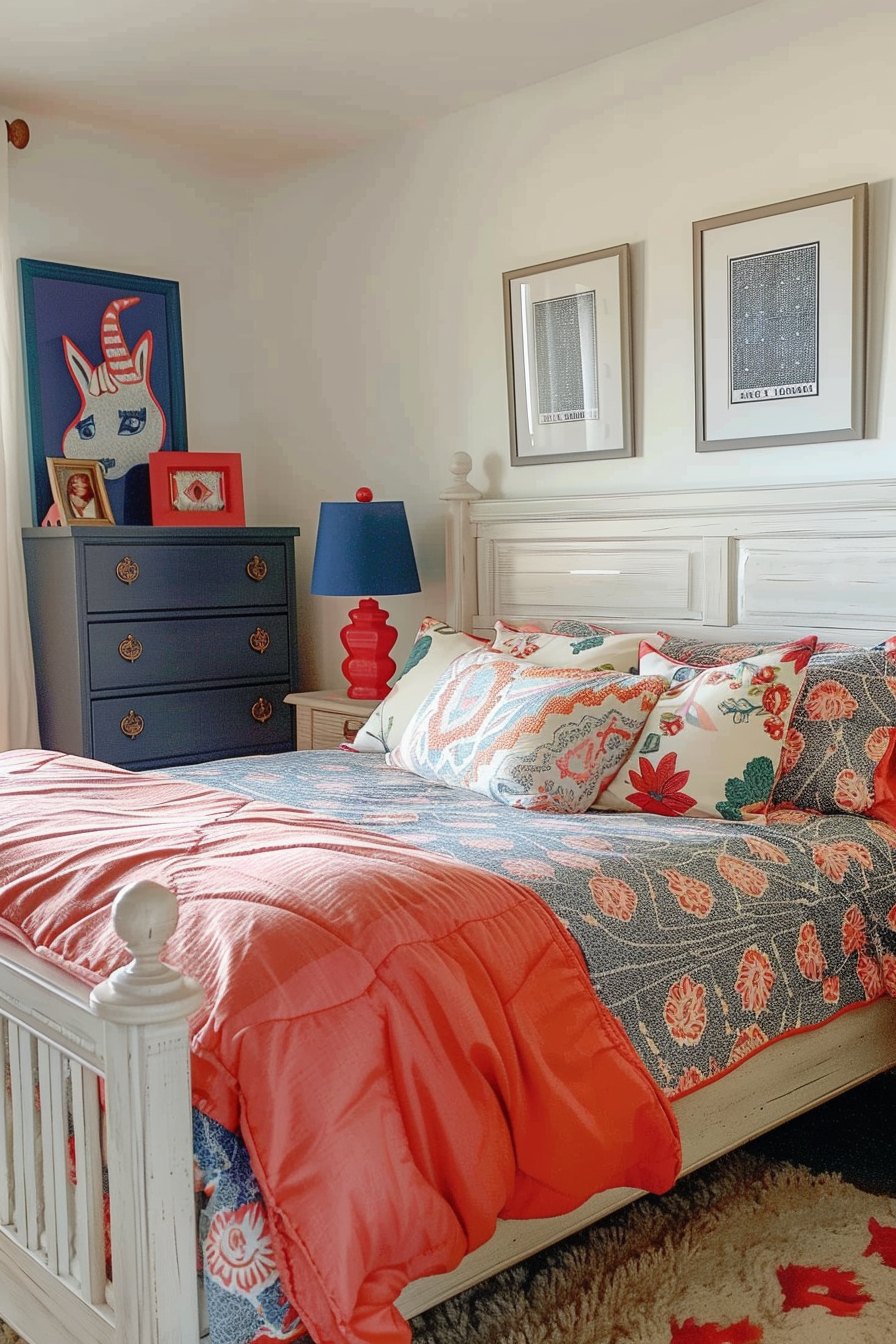 Cozy bedroom with a white bed frame, colorful floral bedding, art on the walls, a dark dresser, and a nightstand with a red lamp.