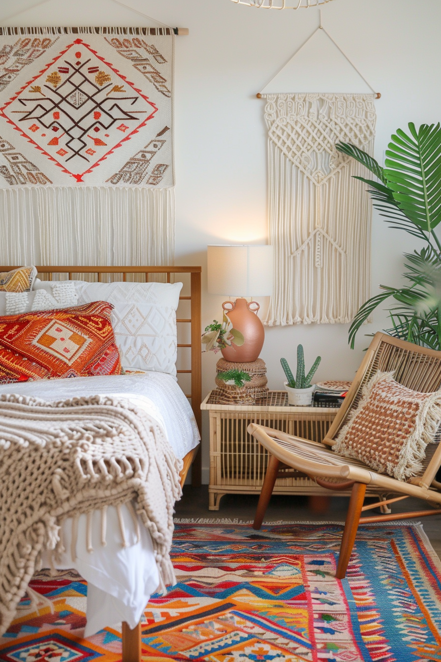 A cozy bedroom featuring a wooden bed with colorful woven blankets, a macrame wall hanging, plants, and bohemian decor accents.