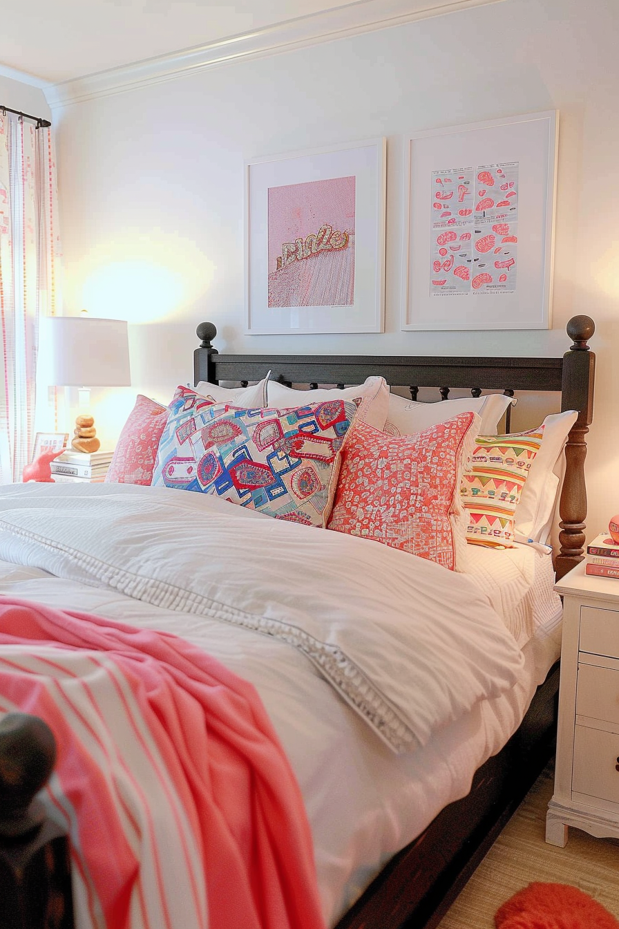 Cozy bedroom with a neatly made bed, vibrant pink and white bedding, decorative pillows, and framed artwork on the wall.