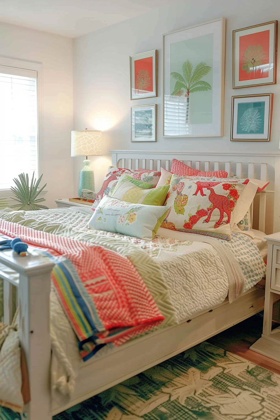 Bright coastal-themed bedroom with a white bed, patterned bedding, botanical art prints, and a table lamp.