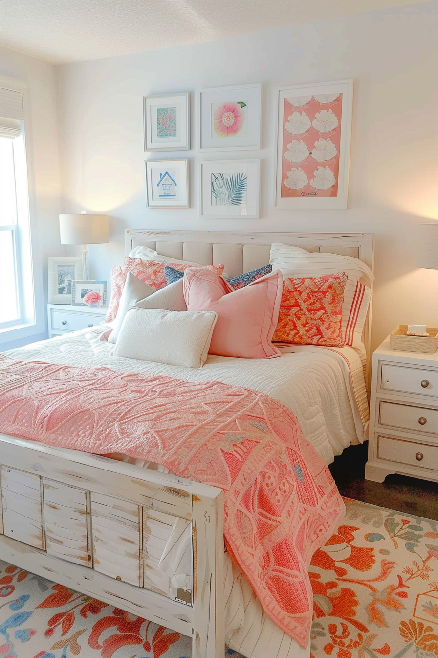 A bright, cozy bedroom with a white wooden bed, coral and white bedding, framed wall art, and a colorful floral-patterned rug.