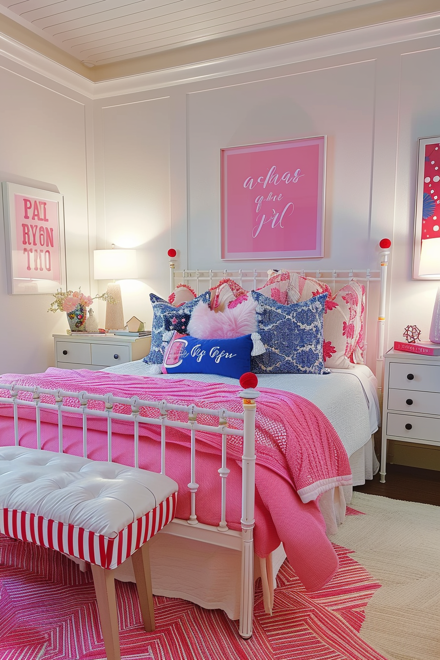 Vibrant pink-themed bedroom with white and pink bedding, decorative pillows, framed art on walls, and a bench at the foot of the bed.