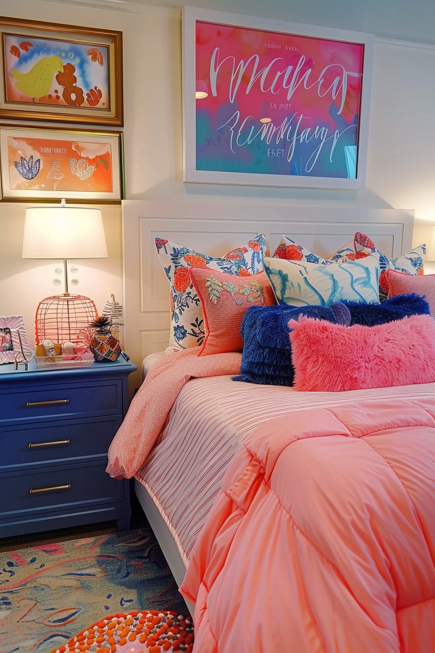 Colorful and vibrant bedroom with a coral-colored bedspread, assorted decorative pillows, and eclectic wall art.