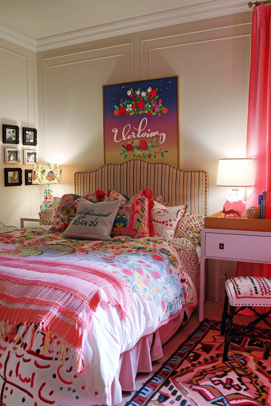 A vibrant and colorful bedroom with patterned bedding, a striped headboard, pink curtains, and a framed floral sign above the bed.