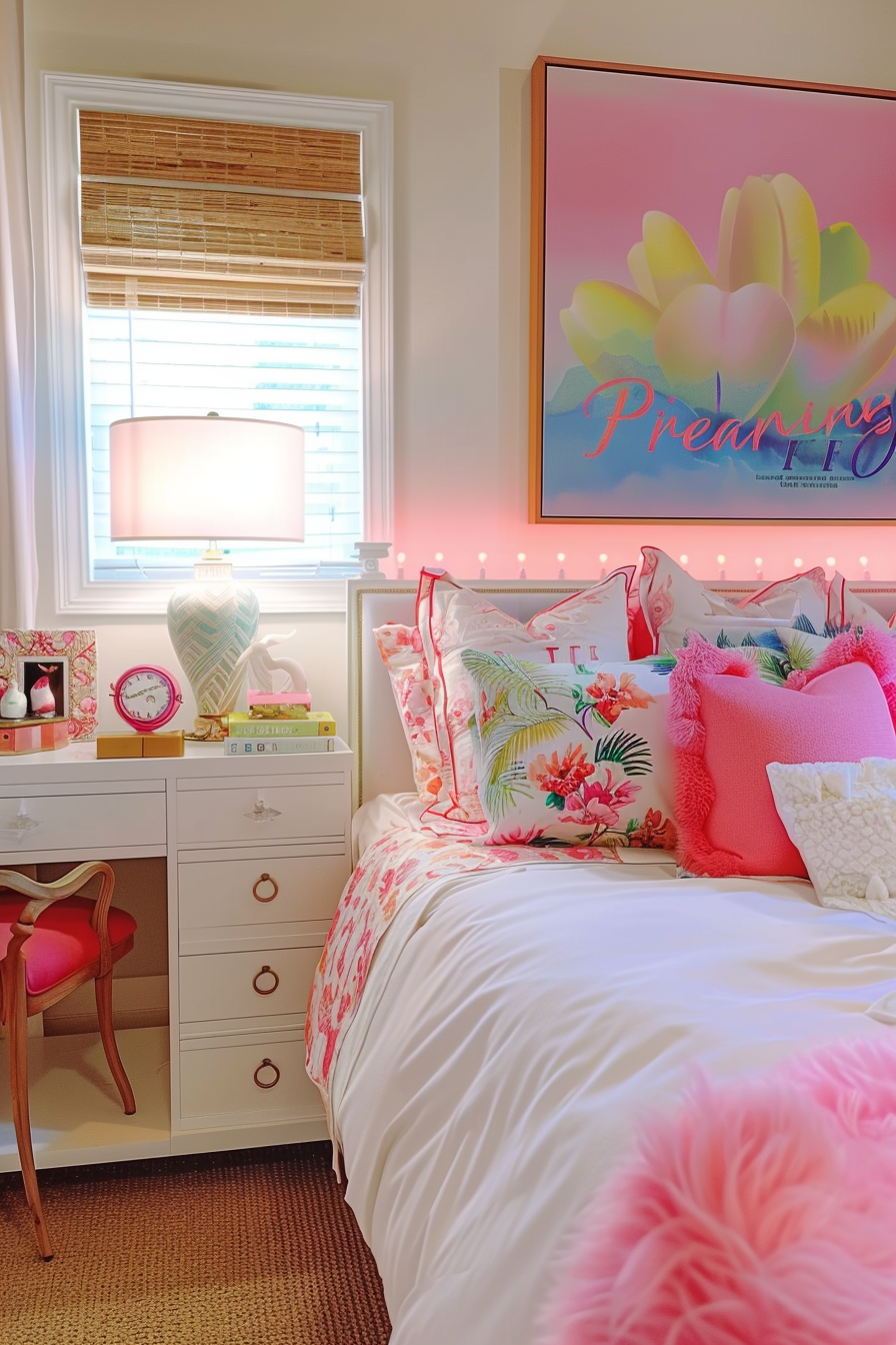 Bright and colorful bedroom with a floral theme, a large 'Dreaming' poster above the bed, and a cozy window seat.