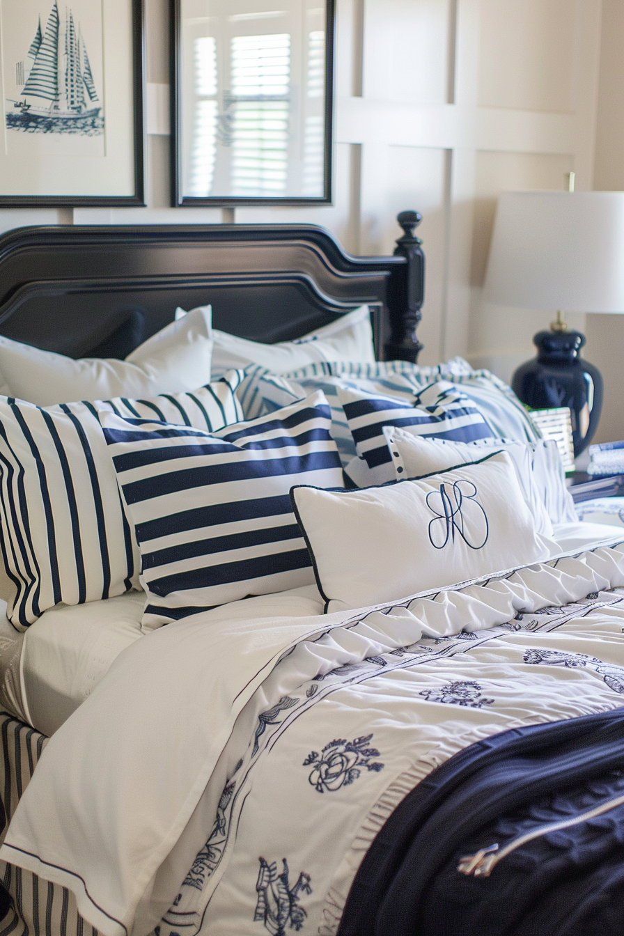 Elegantly made bed with striped and monogrammed pillows, and a nautical theme including a sailboat picture above the headboard.