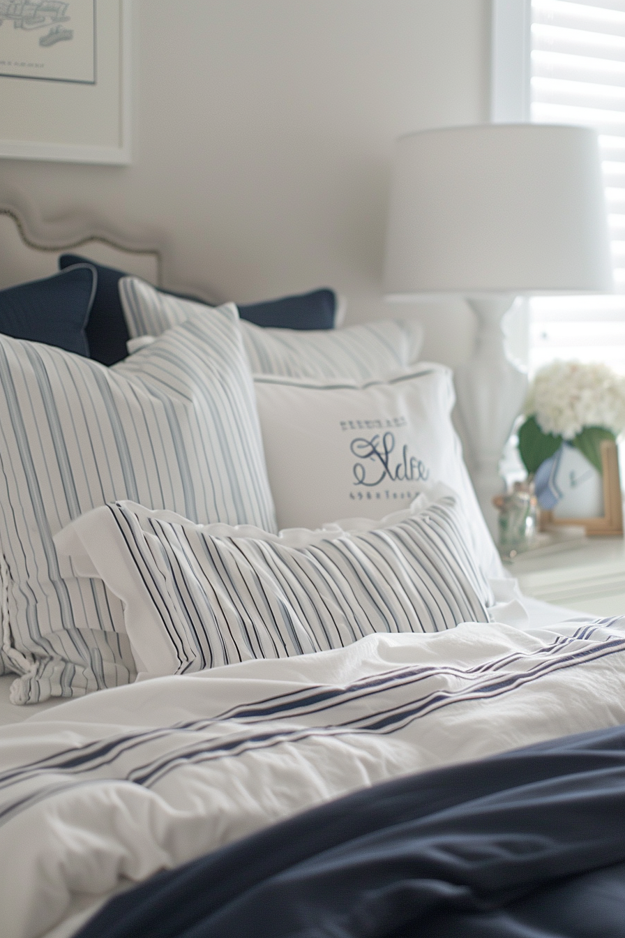 A cozy bedroom with a neatly made bed, white and navy striped bedding, plush pillows, and a bedside lamp.