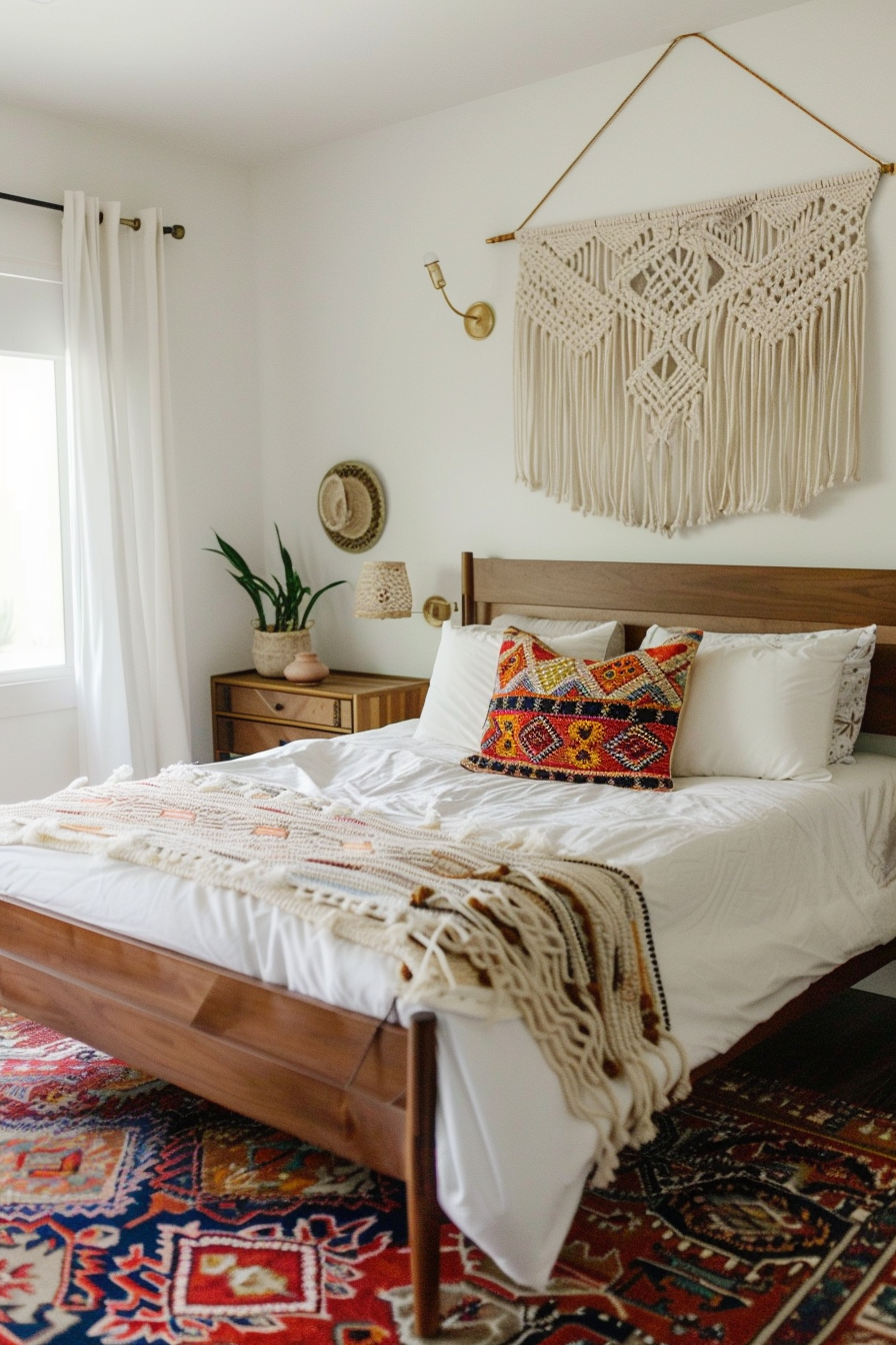 Cozy bedroom with a wooden bed, white linens, colorful throw pillow, macramé wall hanging, and a vibrant red patterned rug.
