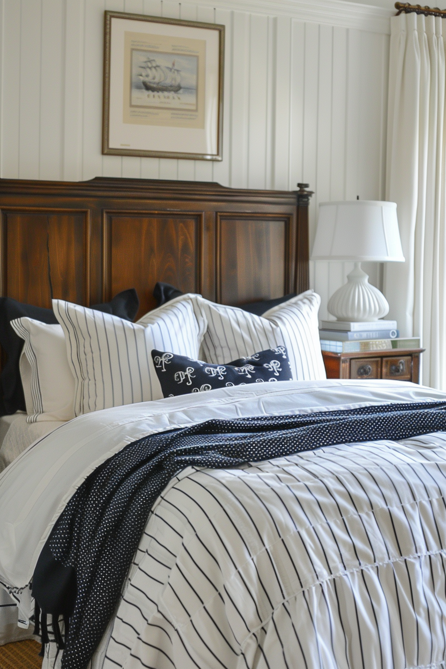 A neatly made bed with white and black striped bedding, decorative pillows, and a white lamp on a bedside table.