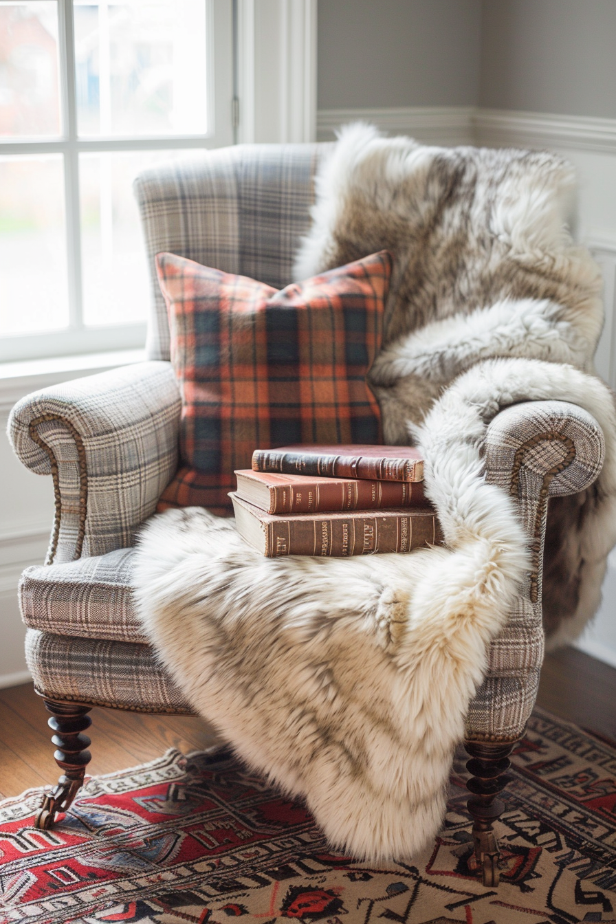 Cozy reading nook with a houndstooth chair adorned with plush fur throws and checkered pillows, beside a window with a stack of hardcover books.