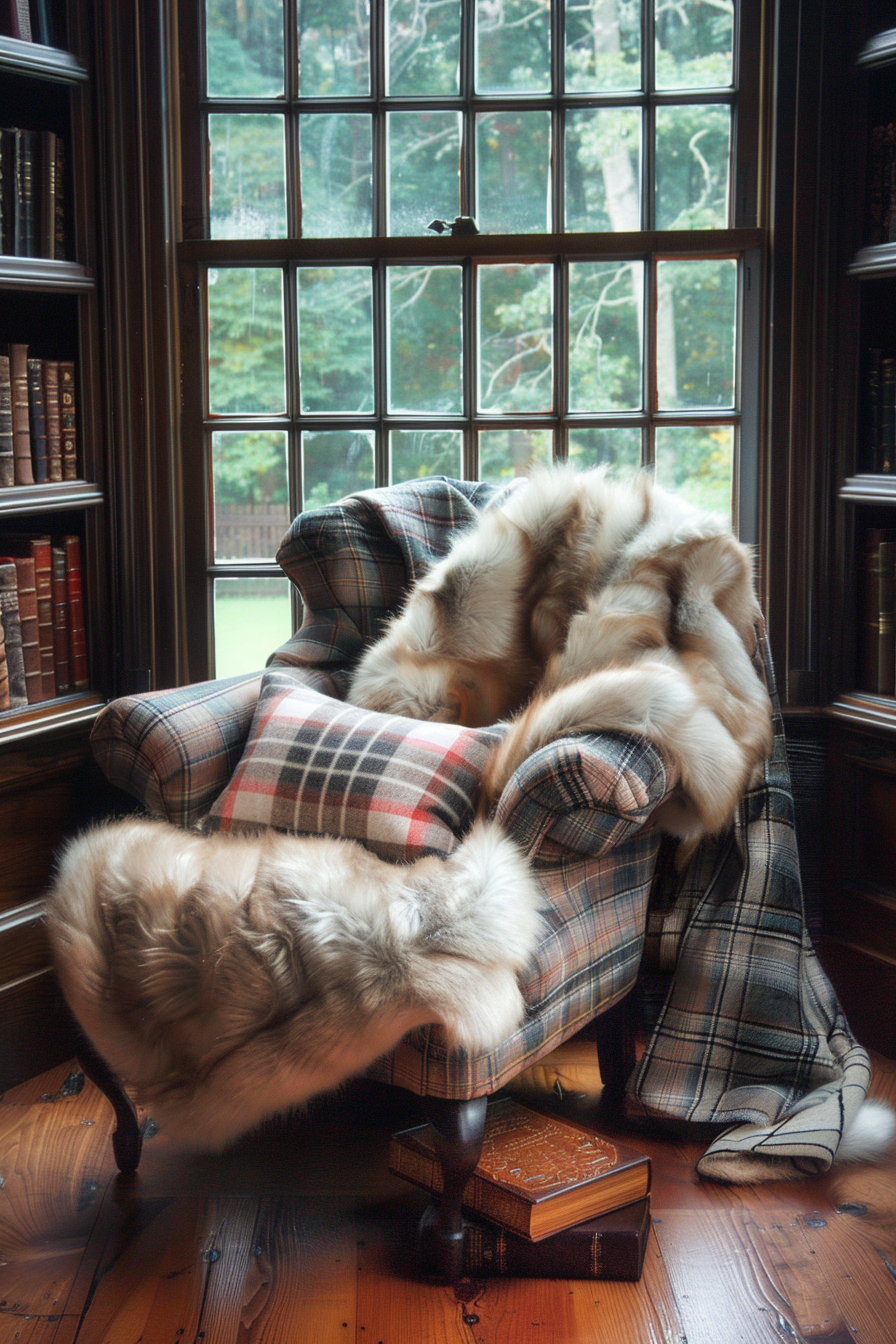 Cozy reading nook with a plaid armchair, fur throw, and a stack of books by a window overlooking trees.