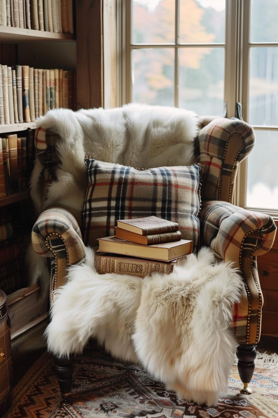 Cozy armchair with plaid upholstery and white fur throw, a stack of books on seat, beside a window overlooking autumn trees.