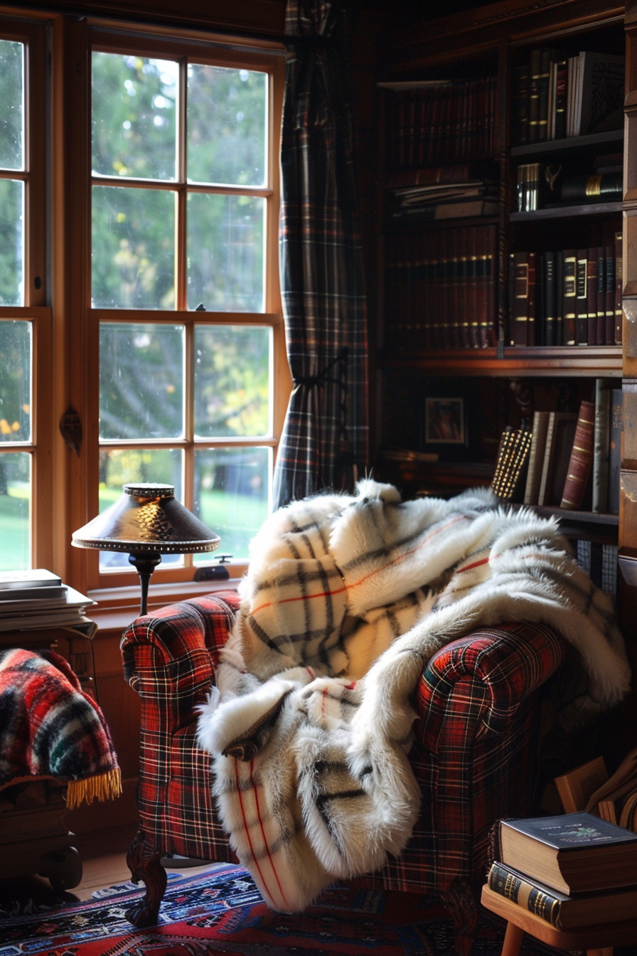 Cozy reading nook with plaid armchair, faux fur blanket, lamp, surrounded by bookshelves, by a window with a view of trees.