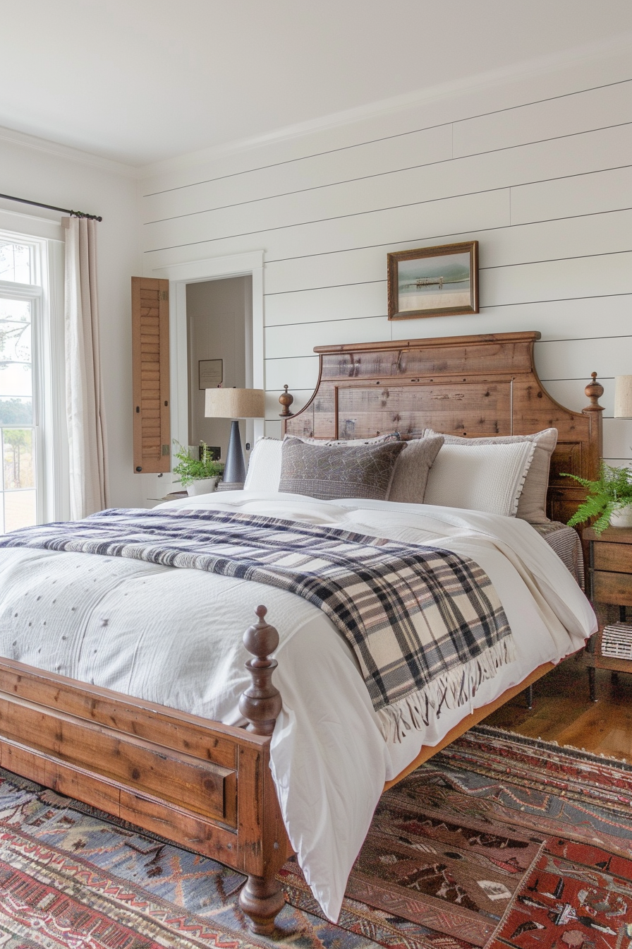 A cozy bedroom with a wooden bed frame, plaid blanket, white walls, and a shiplap accent.