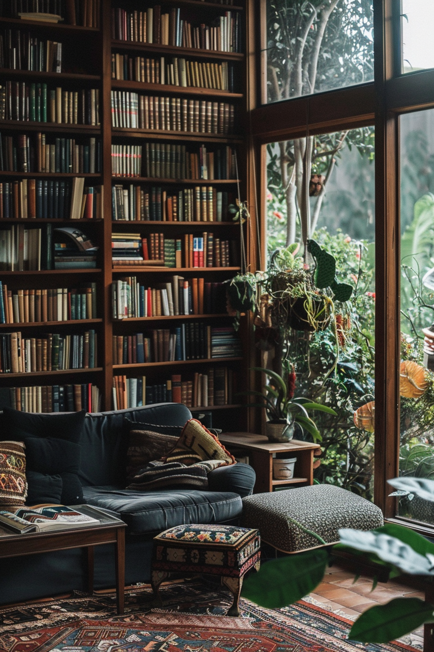A cozy reading nook with a full bookshelf, a comfortable sofa, patterned cushions, and surrounding plants.