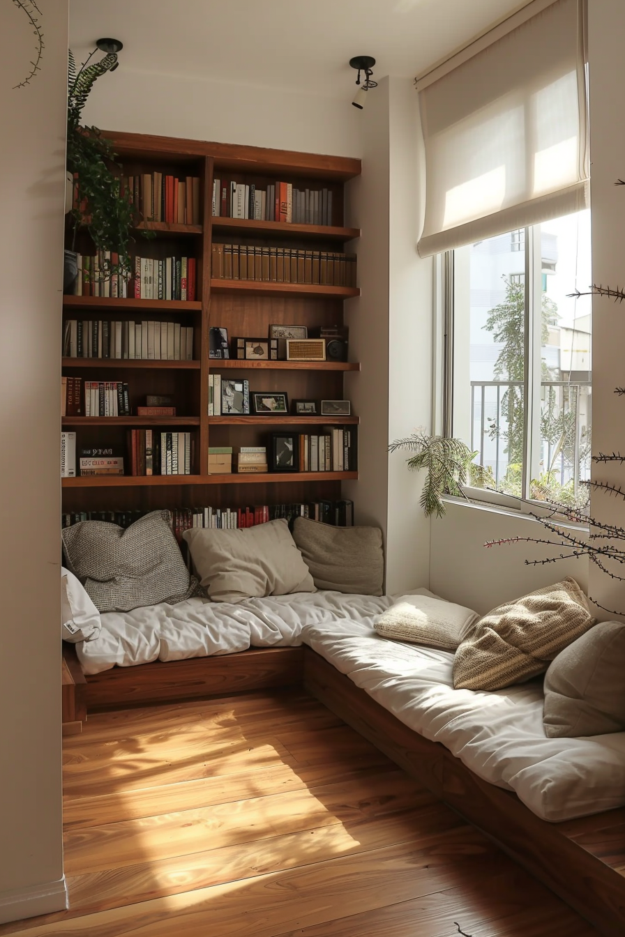 Cozy reading nook with a large bookshelf, comfortable cushions on a bench, and sunlight filtering through the window.