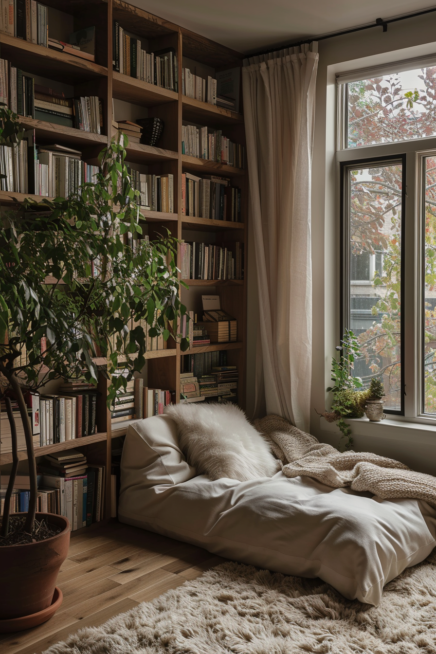 Cozy reading nook with a plush seat by a window, bookshelves full of books, plants, and a soft rug on the floor.