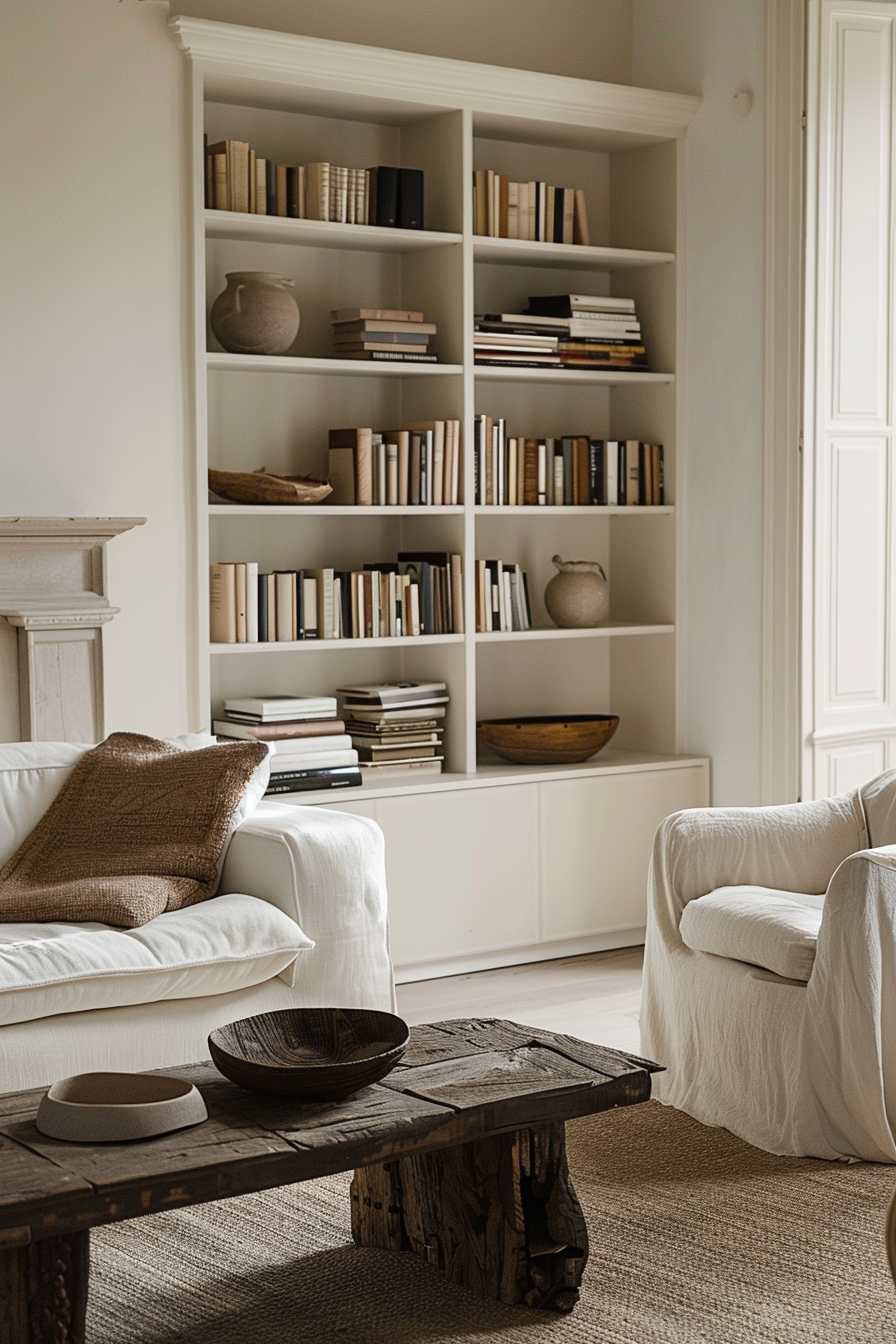 Cozy living room corner with a bookshelf full of books, white slipcovered armchairs, and a rustic wooden coffee table.