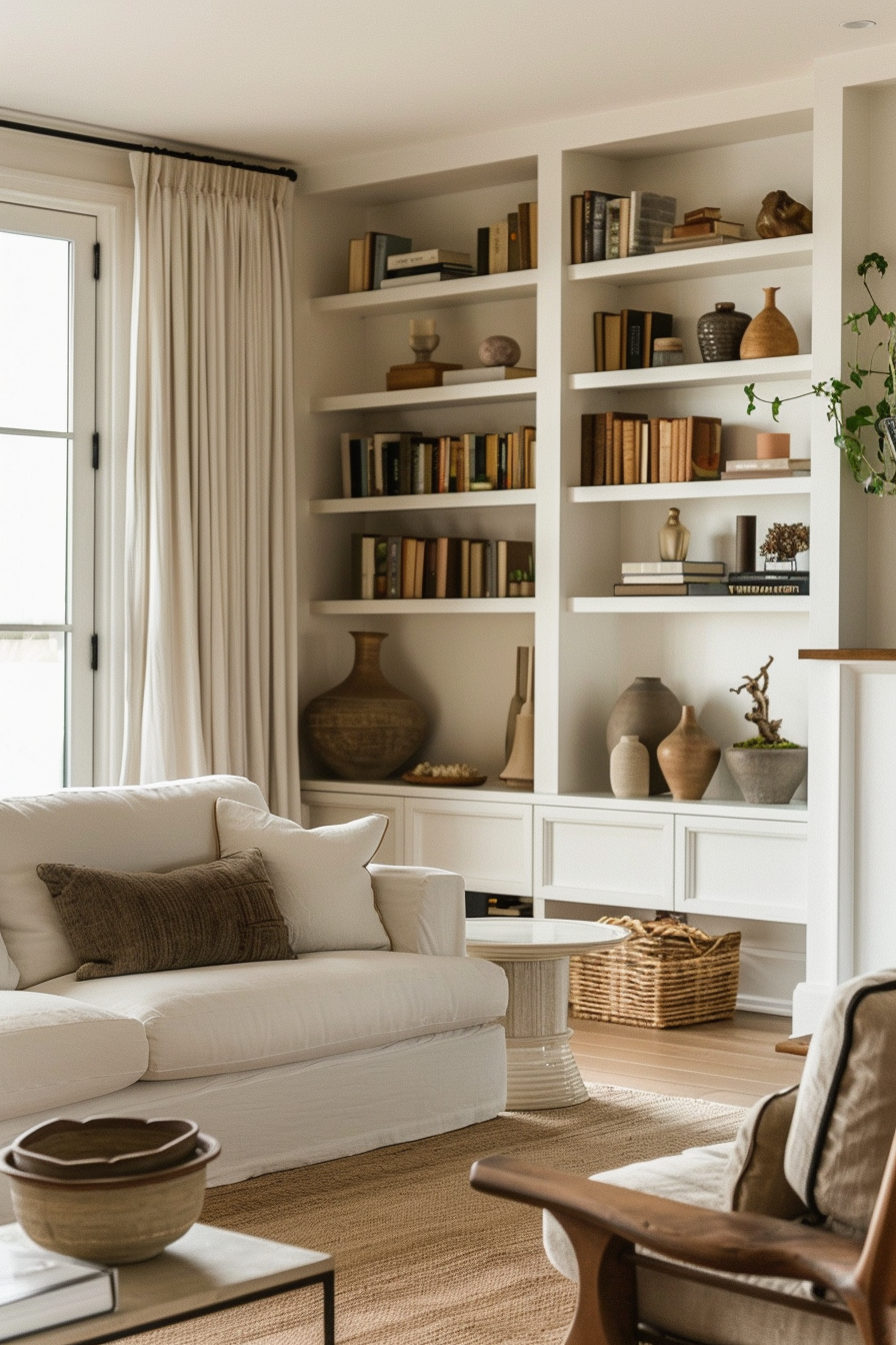 A cozy living room with a white couch, built-in bookshelves filled with books and pottery, and natural light from the window.