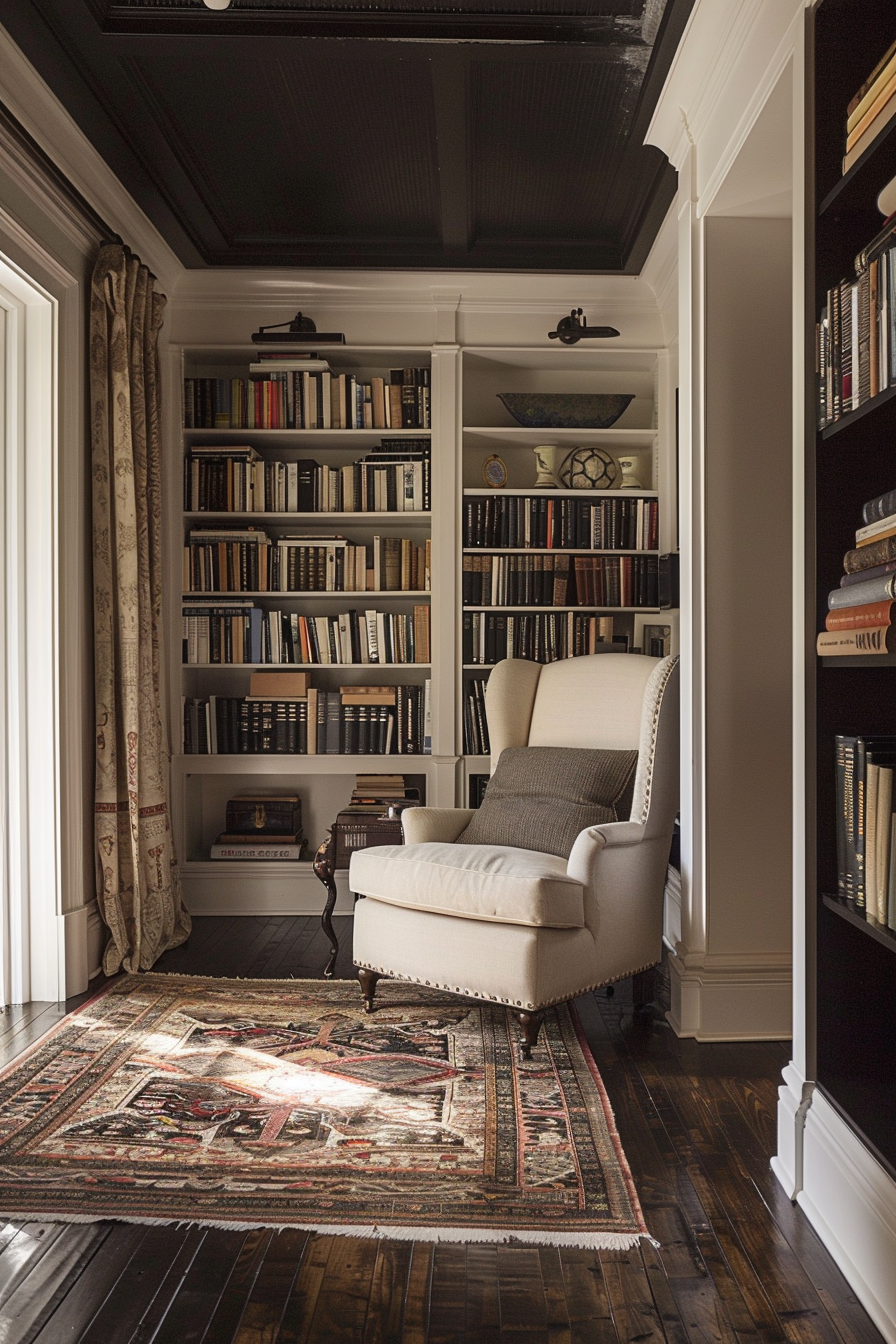 Elegant home library with dark wooden floors, white armchair, built-in bookshelves filled with books, and a traditional rug.