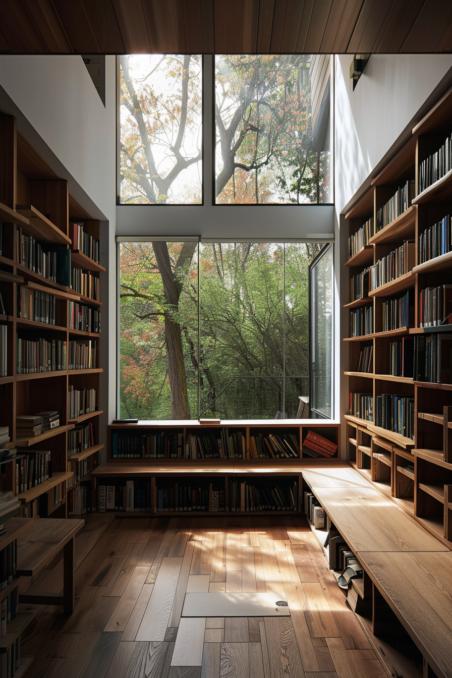 Cozy home library with floor-to-ceiling bookshelves, large window overlooking autumn trees, and sunlight filtering onto wooden floors.