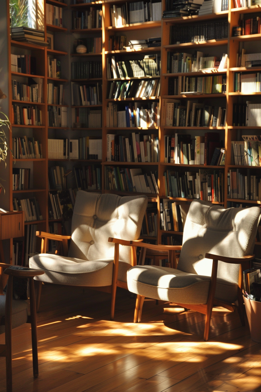 Cozy home library with two armchairs bathed in sunlight, surrounded by tall wooden bookshelves filled with books.