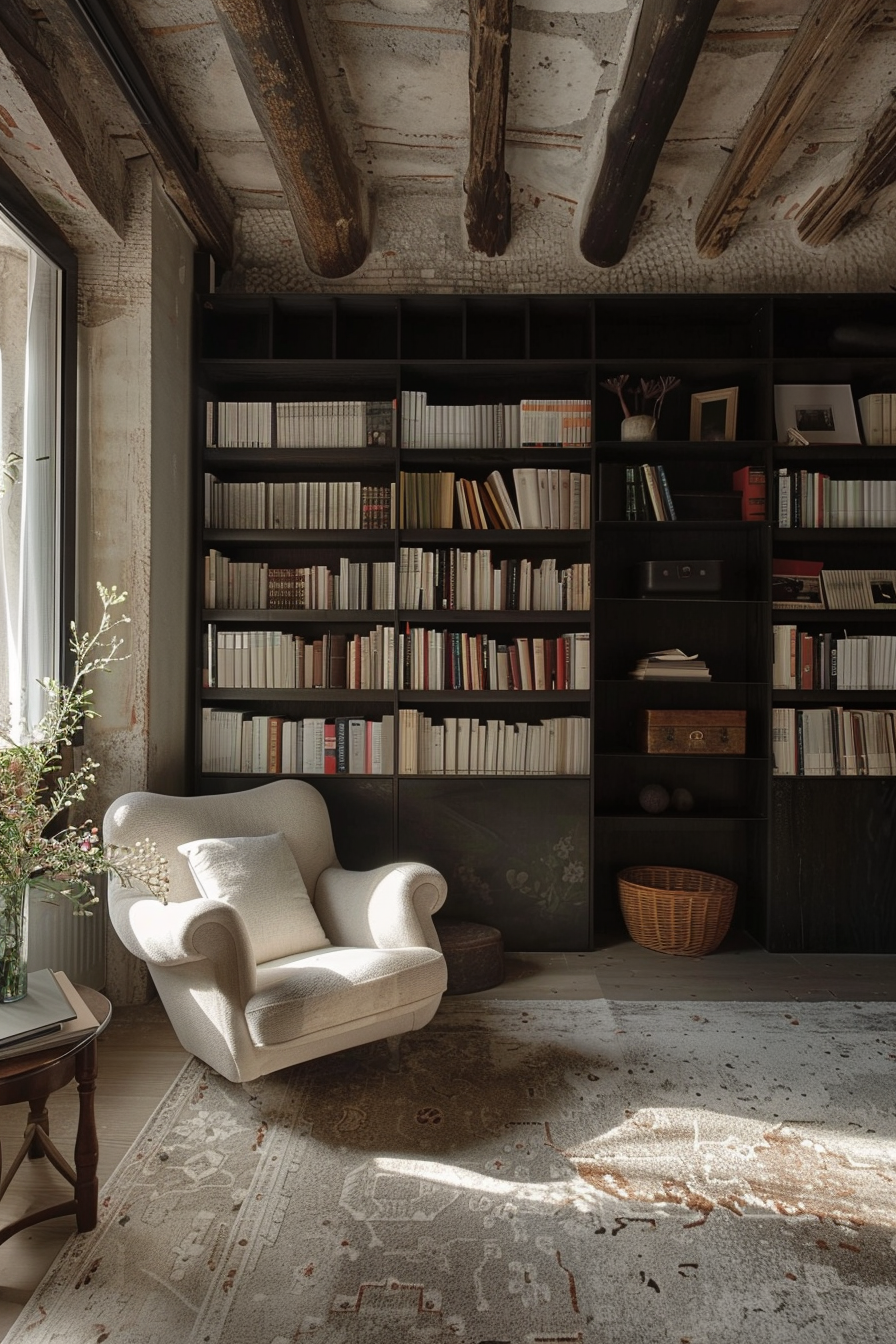 Cozy reading nook with a plush armchair and floor-to-ceiling bookshelves in a room with rustic wooden beams and ambient lighting.