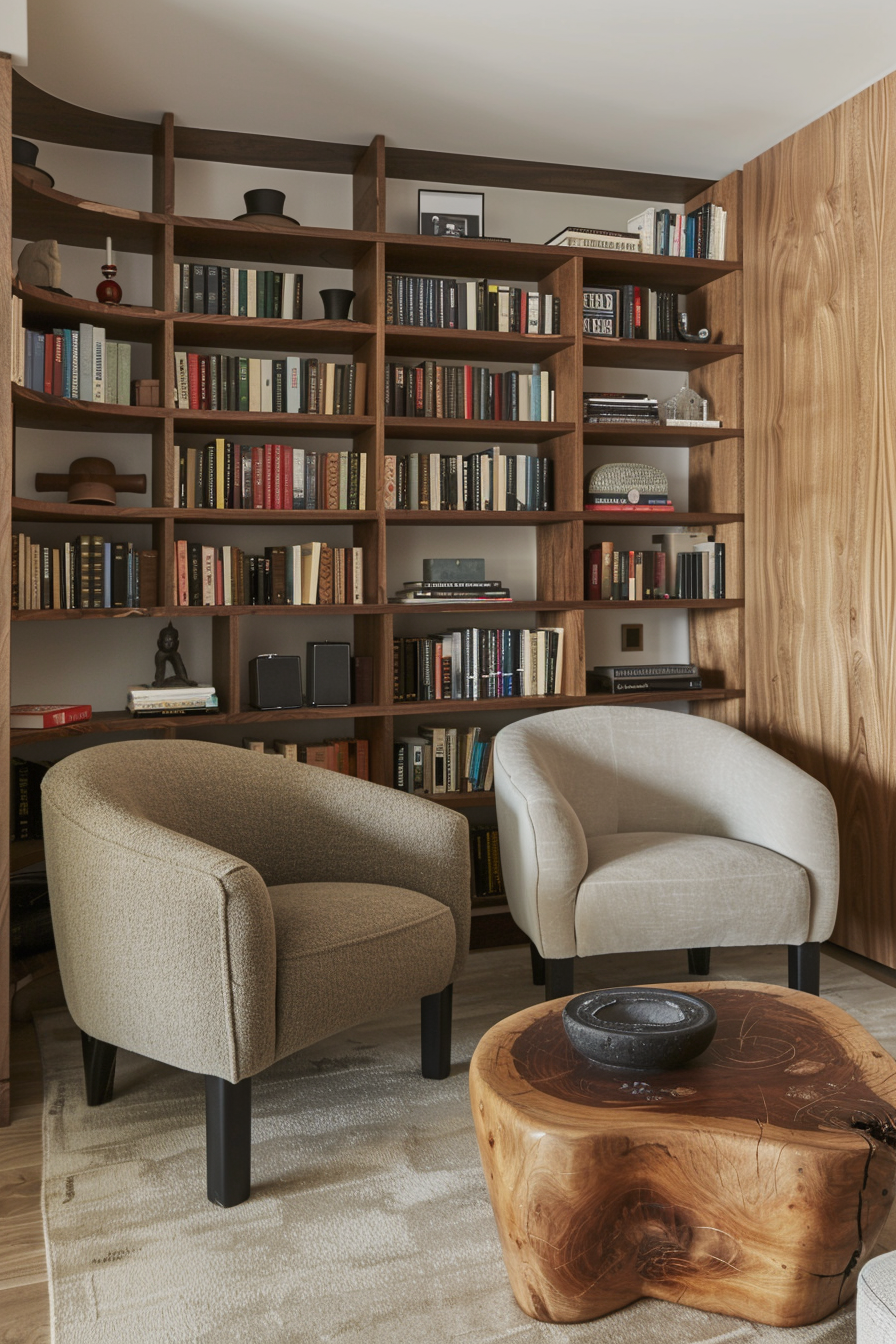 A cozy reading nook with two upholstered chairs, a wooden bookshelf filled with books, and a rustic wooden coffee table.