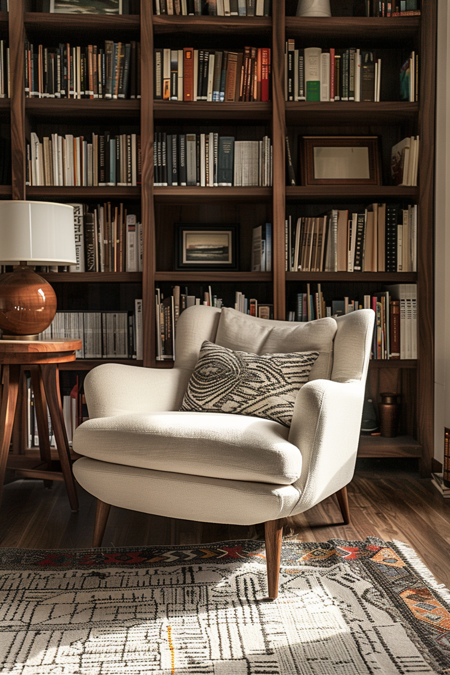 ALT text: Cozy reading nook with a comfortable armchair and patterned cushion, a wooden bookshelf filled with books, a lamp, and a patterned rug.