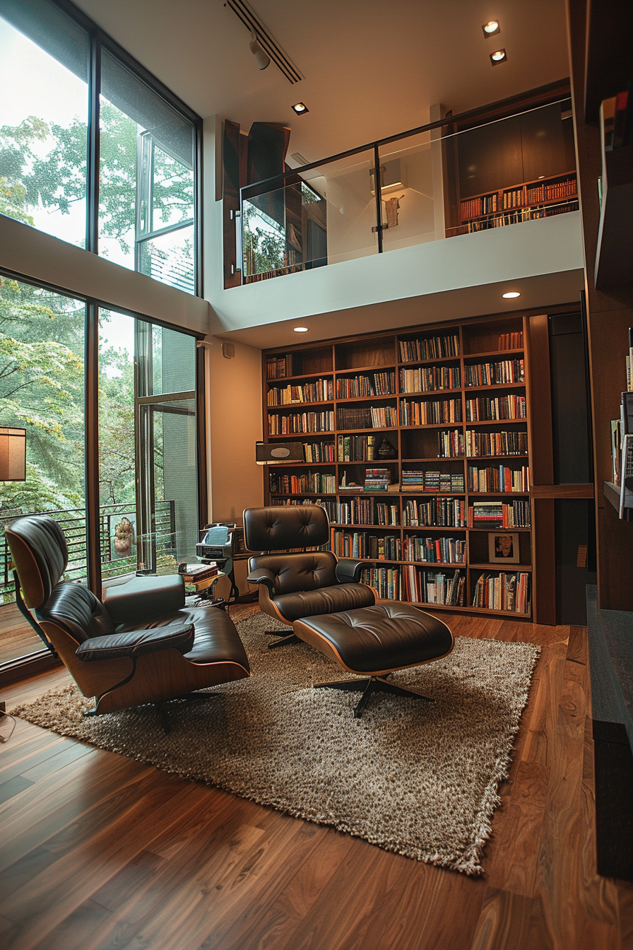 Modern two-story home library with floor-to-ceiling bookshelves, large windows, and stylish chairs on a shaggy rug.