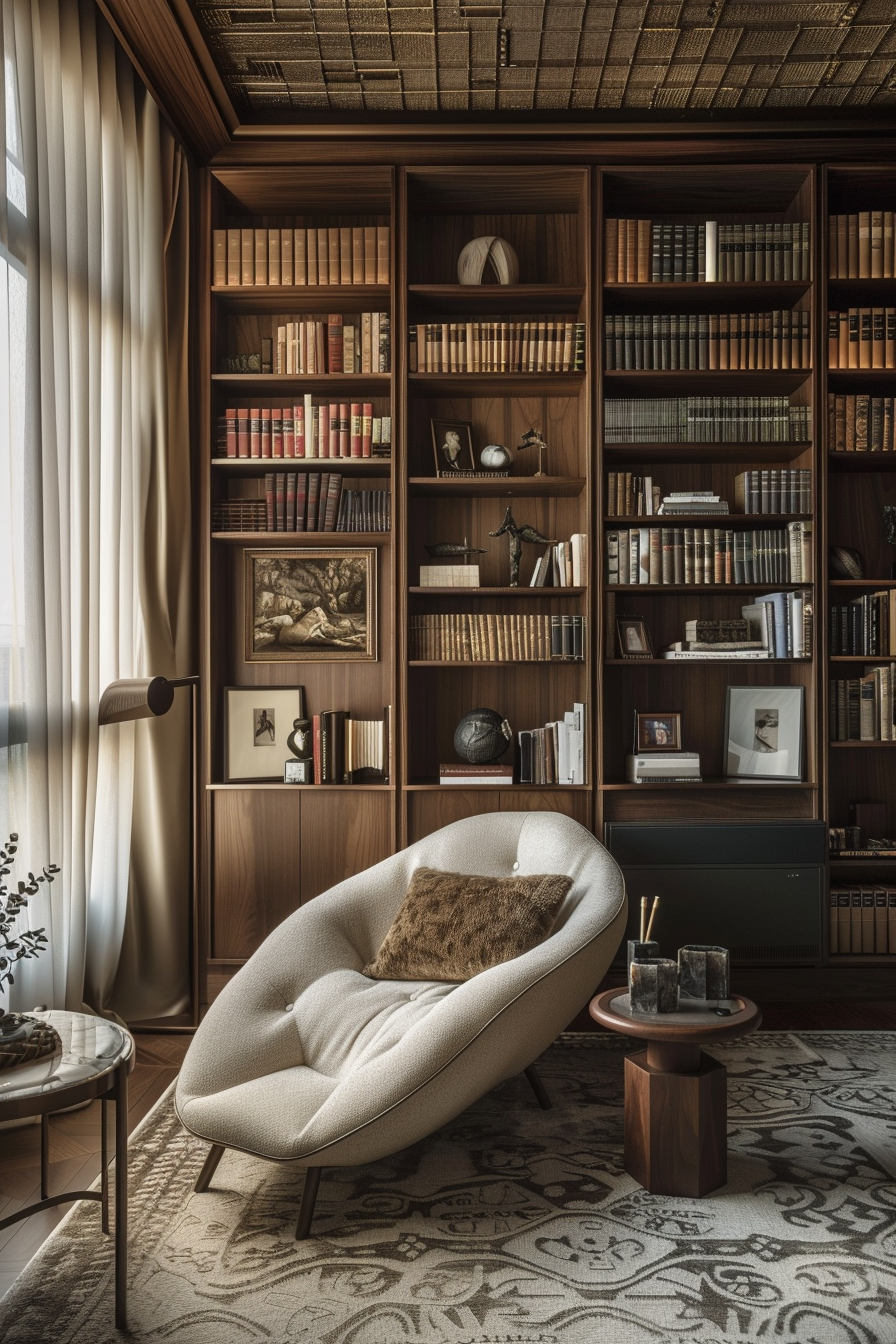 Elegant reading nook with a cozy white chair, wooden bookshelves filled with books, and a small side table, under warm lighting.