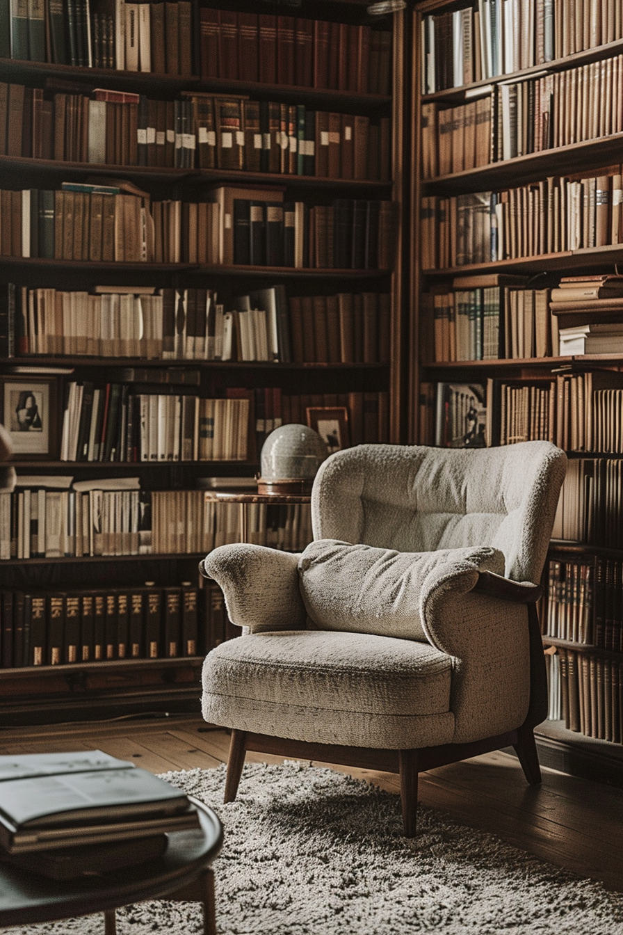 A cozy armchair in front of shelves full of books, with a round table and books on a shaggy rug, suggesting a peaceful reading nook.