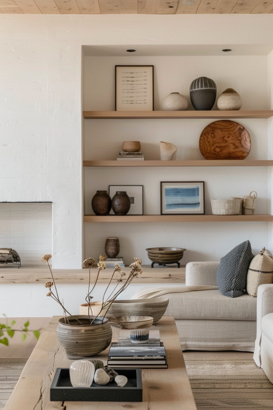 ALT: A cozy living room corner with a beige sofa, wooden shelves displaying ceramics, and a coffee table with decorative bowls and dried flowers.