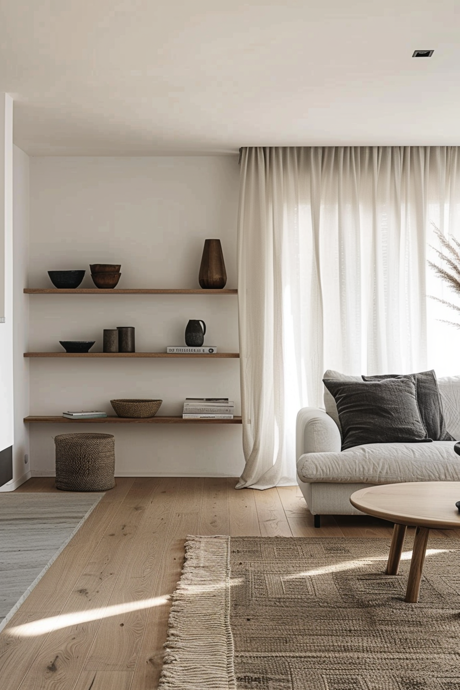 A modern living room with minimalist decor, floating shelves, cozy sofa, wooden coffee table, and sheer curtains.