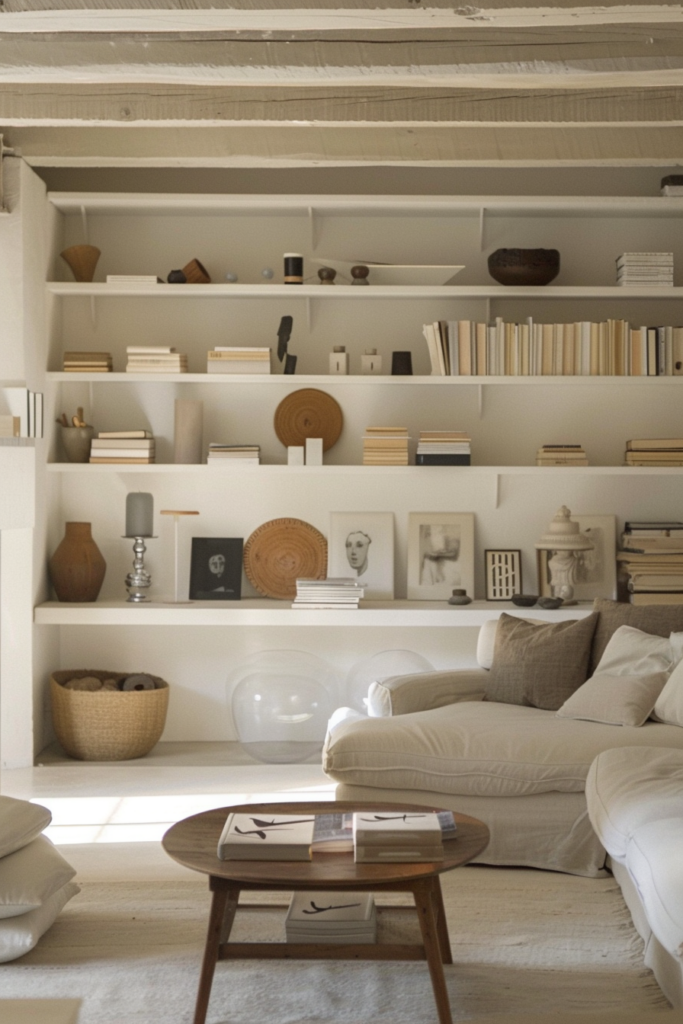 Cozy living room interior with neutral tones, featuring bookshelves, a sofa, and wooden coffee table.