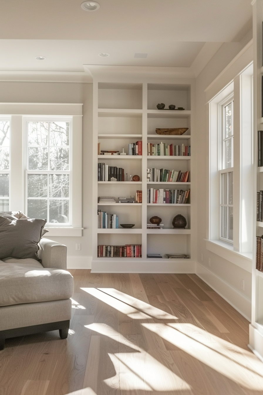 Cozy reading nook with a large built-in bookshelf, comfortable sofa, and natural light streaming through the window.