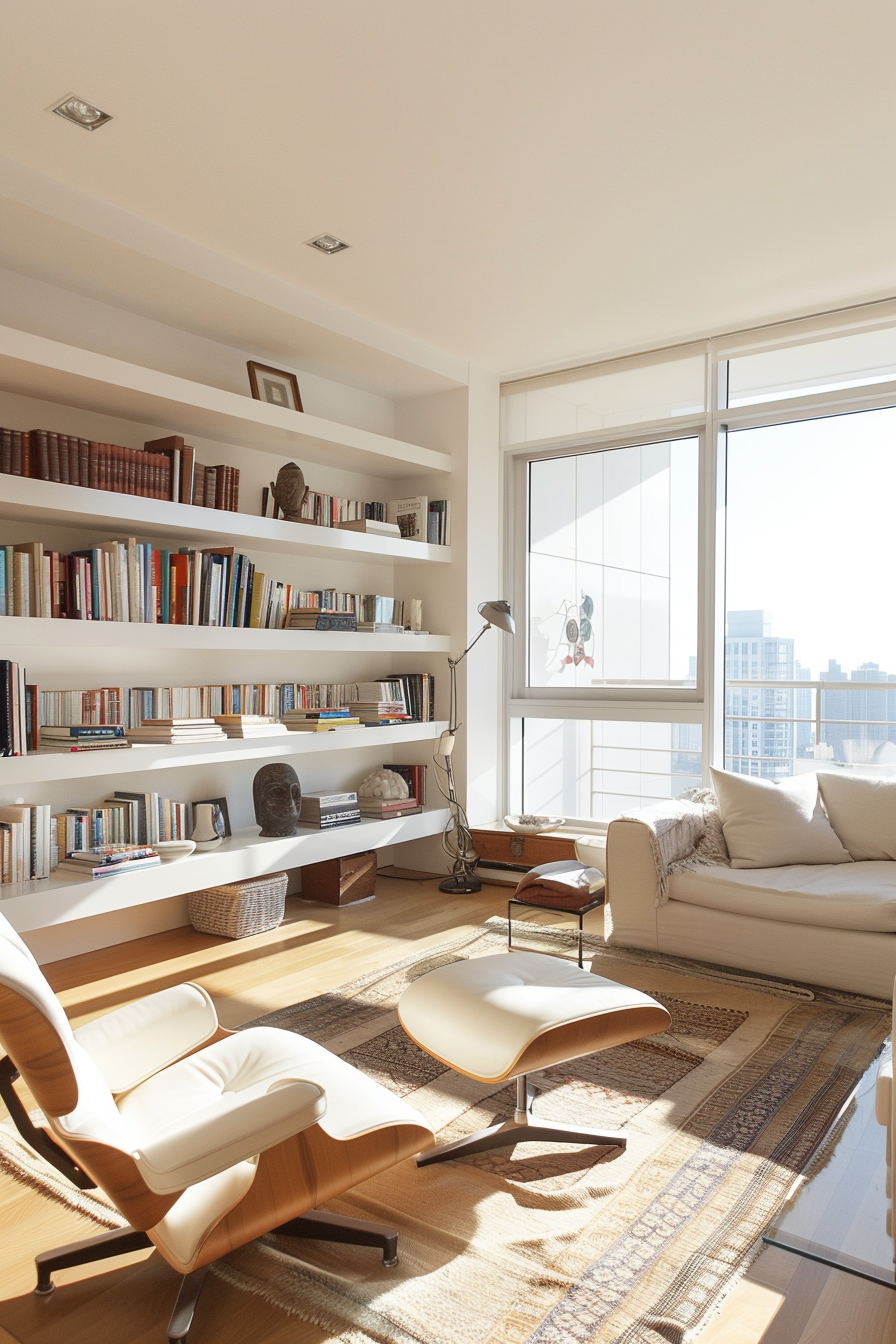 Bright, modern living room with bookshelves, a large window, and comfortable furniture basking in sunlight.