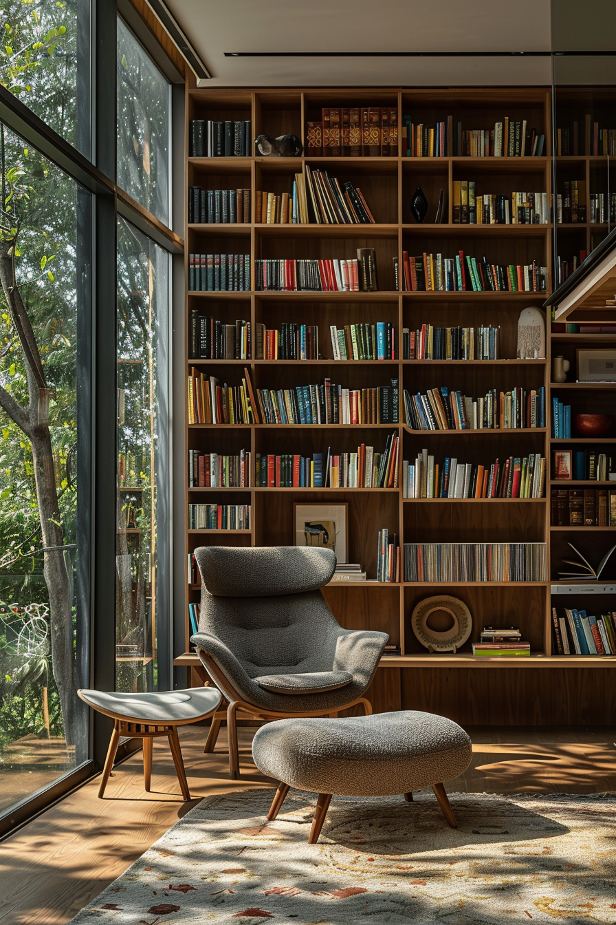 A cozy reading nook with a comfortable chair and footstool, floor-to-ceiling bookshelves filled with books, and a large window with a garden view.