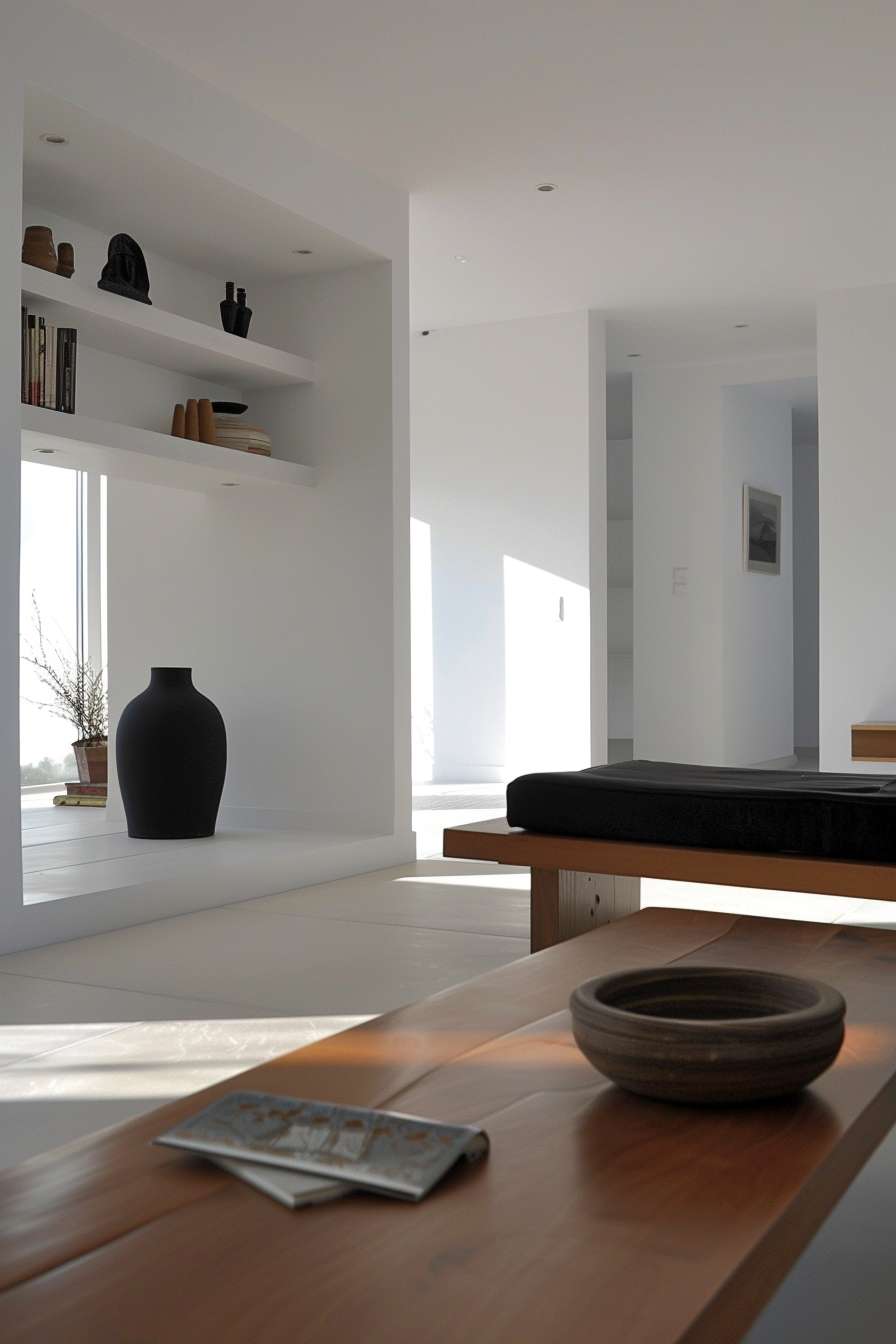 ALT: A modern, minimalist interior with a wooden table, a large black vase, and a built-in white shelving unit with decorative items.