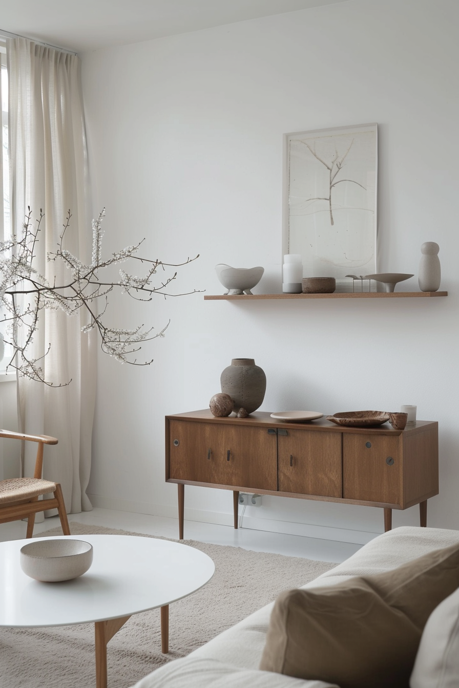 A minimalist living room with a wooden sideboard, decorative vases, a white coffee table, and a chair with a woven seat.