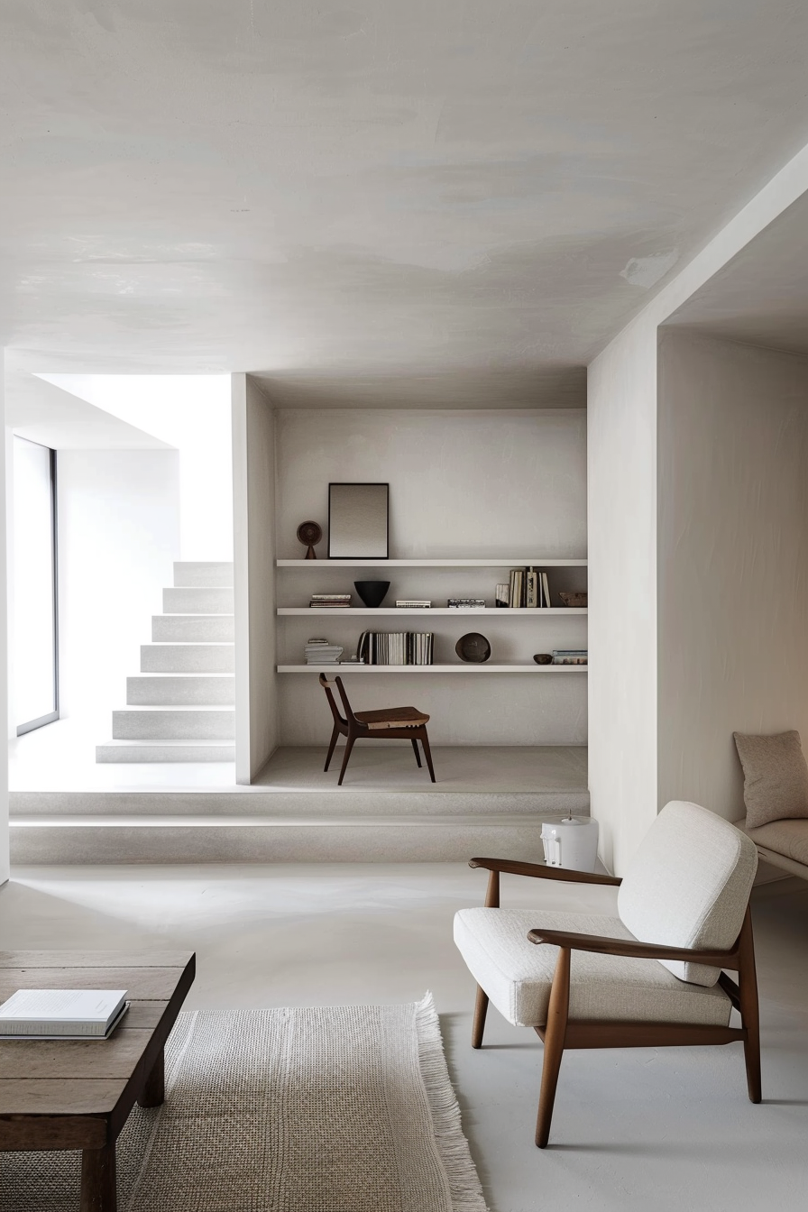 A minimalist living space with white walls, stairs leading to a nook with shelves, books, a chair, and a seating area with modern furniture.